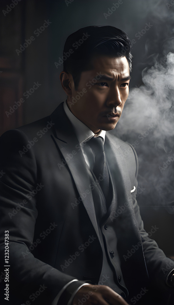 Fototapeta premium Elegant Man in Suit with Smoky Background and Serious Expression