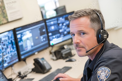 Police officer monitoring security cameras, office