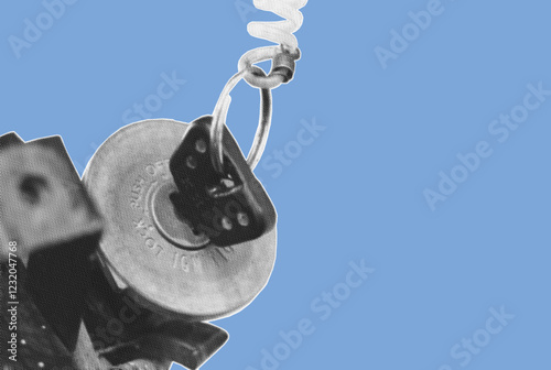 close up of motorcycle key in ignition start lock pixelate grayscale color halftone dotted texture style collage element isolated on blue background