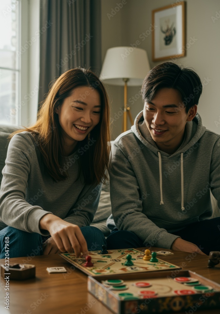 Smiling couple enjoying a board game together in their cozy and warm living room at home Smiling couple enjoying a board game together in their cozy and warm living room at home
