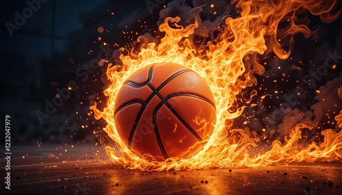 fBasketball on Fire An action-packed sports concept featuring a flaming basketball, symbolizing intensity and excitement in the world of competitive sports. photo