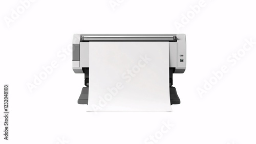 Large-format inkjet printer front view with blank white paper output, unbranded modern office equipment in white and gray design.