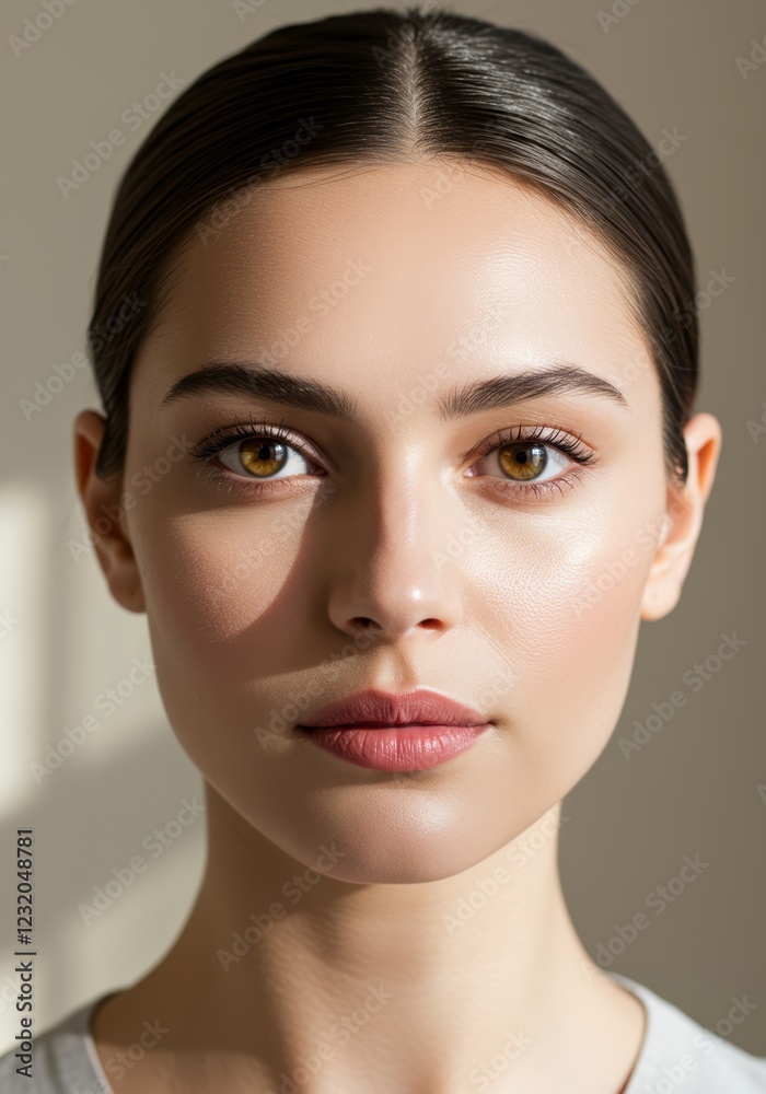 Fototapeta premium Close up of a stunning young woman with clean skin and natural makeup in a studio setting