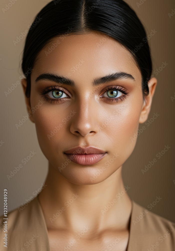 Fototapeta premium Intense and captivating portrait of a woman with green eyes and dark hair in studio setting