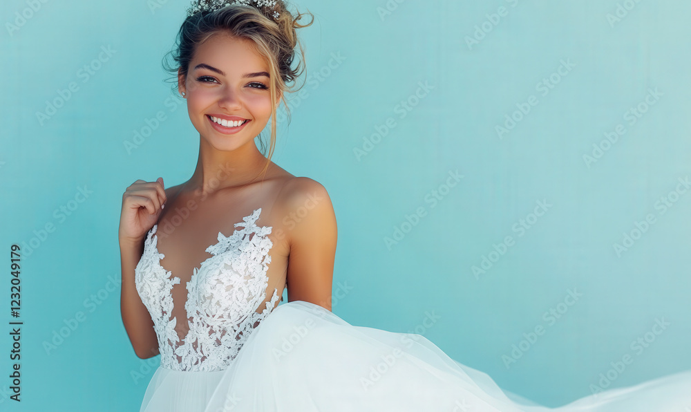 A woman wearing a white wedding dress, smiling at the camera A woman wearing a white wedding dress, smiling at the camera