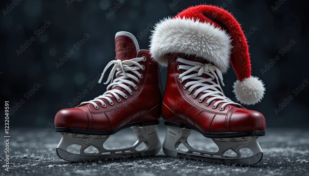 fHockey Skates with Santa Hat A playful representation of hockey skates adorned with a Santa hat, combining sports and holiday spirit in a festive context fHockey Skates with Santa Hat A playful representation of hockey skates adorned with a Santa hat, combining sports and holiday spirit in a festive context