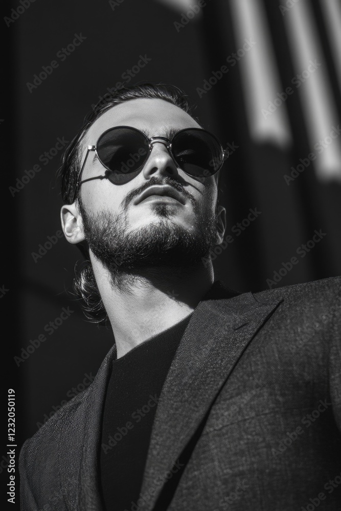 Fototapeta premium Man in Suit and Sunglasses Looking Up