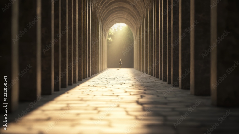 Fototapeta premium Person walking down a sunlit stone archway.