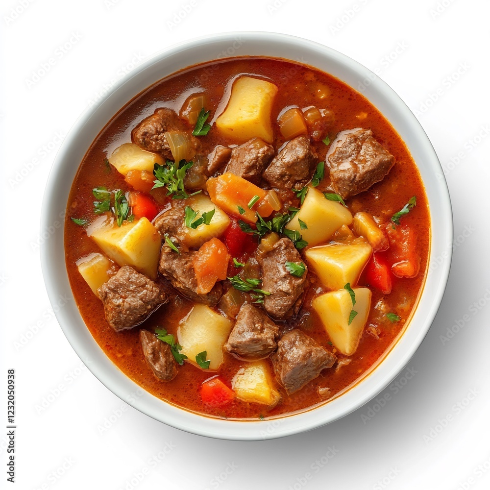 Hearty and Flavorful Hungarian Goulash Soup in a Bowl on White Background Hearty and Flavorful Hungarian Goulash Soup in a Bowl on White Background