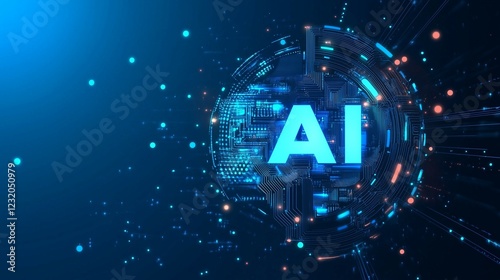 AI letters in the center of a futuristic background with glowing elements and connections, in a blue color scheme, a technology concept. 