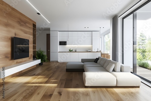 Modern living room interior with a wooden floor and white walls. A sofa is placed against the wall, facing a television, Generative AI