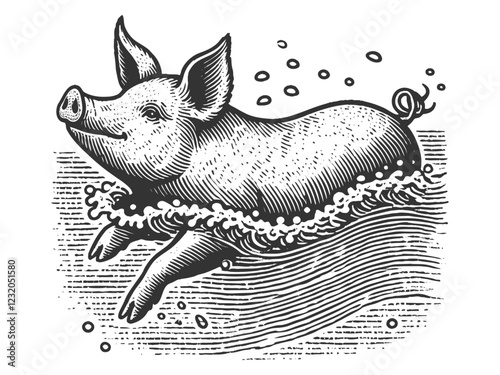 Swimming Pig engraving sketch vector illustration