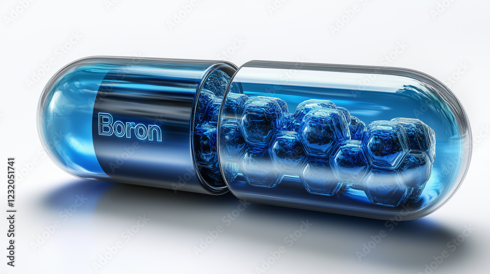 Naklejka premium Photo of a deep blue capsule with transparent halves filled with Boron capsules, creating a vivid, glowing effect against a light background.