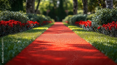 A red carpet pathway leading to an indistinct destination. photo