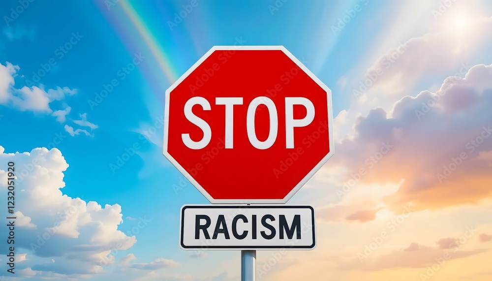 Red stop sign with 'Racism' underneath against a vibrant sky, symbolizing a call to halt discrimination. Red stop sign with 'Racism' underneath against a vibrant sky, symbolizing a call to halt discrimination.