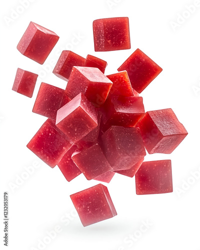 Realistic photograph of cubed beef floating in a white background, with solid, stark lighting and a focused, top-down view. 