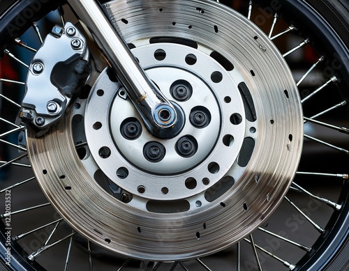 part of the motorcycle braking system grey metal brake disc on motorbike close up