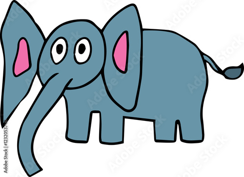 A surprised grey elephant with big ears and a long trunk stands and looks at the camera with curiosity