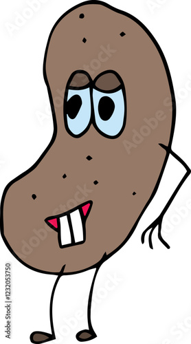 funny brown potato with two teeth smiles with closed eyes stands and looks away