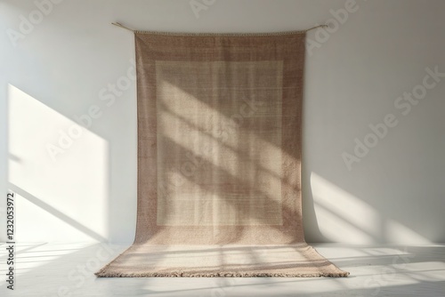 Minimalist photograph of tall beige tapestry with fringed edges hanging on plain white wall