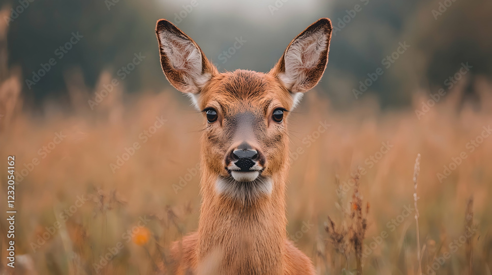 Deer portrait, autumn field, nature background, wildlife