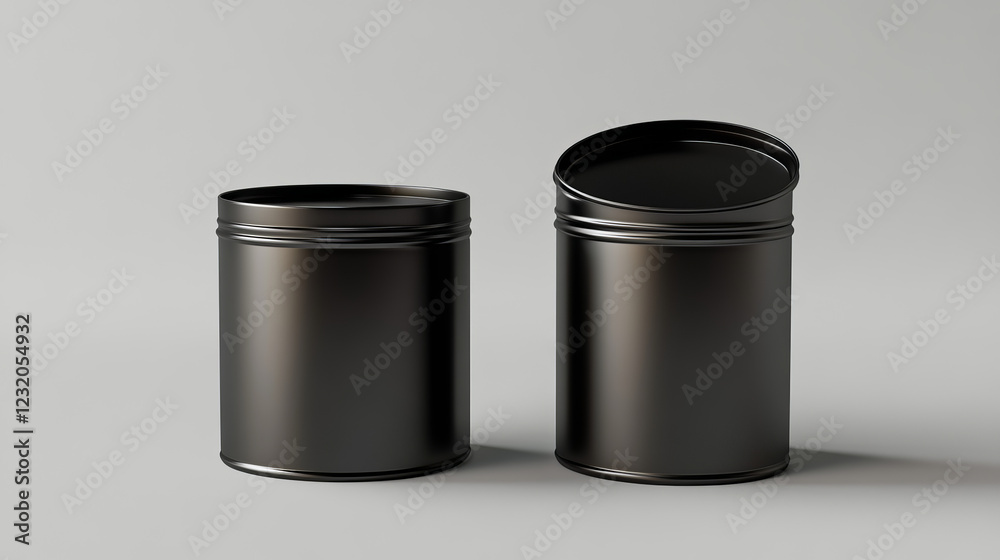 Two Black aluminum Can with open lid. Canned packaging for tea, coffee, gift box. 3d rendering Two Black aluminum Can with open lid. Canned packaging for tea, coffee, gift box. 3d rendering