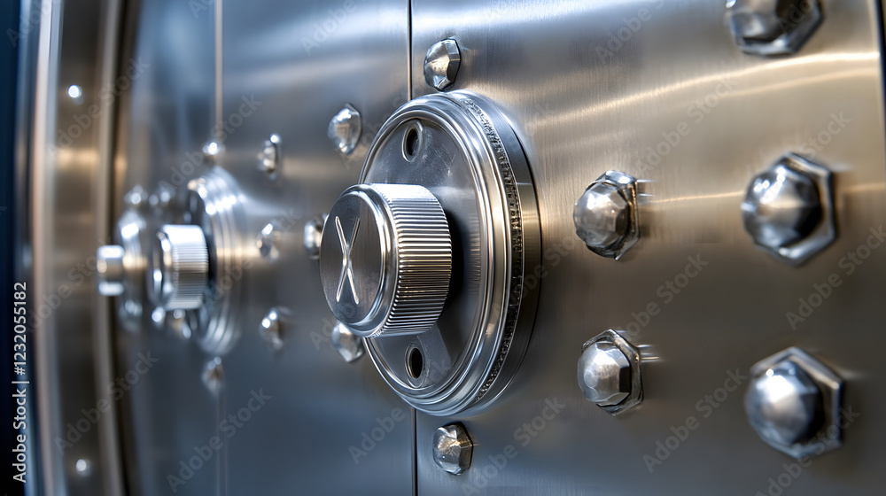 Fototapeta premium A close-up image of a metallic safe door, showcasing its intricate locking mechanism and shiny finish