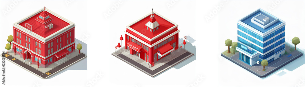 Isometric view of three buildings: a red brick building, a red fire station, and a modern glass building. Each sits on a small city block with trees. Isometric view of three buildings: a red brick building, a red fire station, and a modern glass building. Each sits on a small city block with trees.