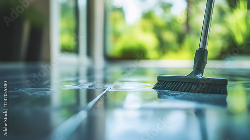 Wallpaper Mural A close-up view of a cleaning tool on a shiny floor, with a blurred background of greenery, highlighting a fresh and clean living space Torontodigital.ca