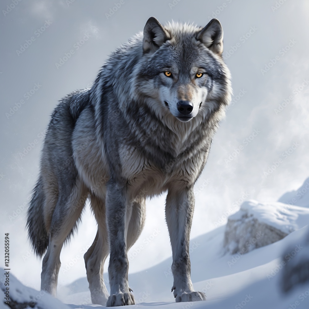 Obraz premium A Fierce Gray Wolf Standing with a Piercing Gaze on a White Background