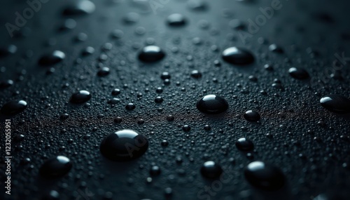 Scattered water droplets on distressed, black leather , vintage, hide