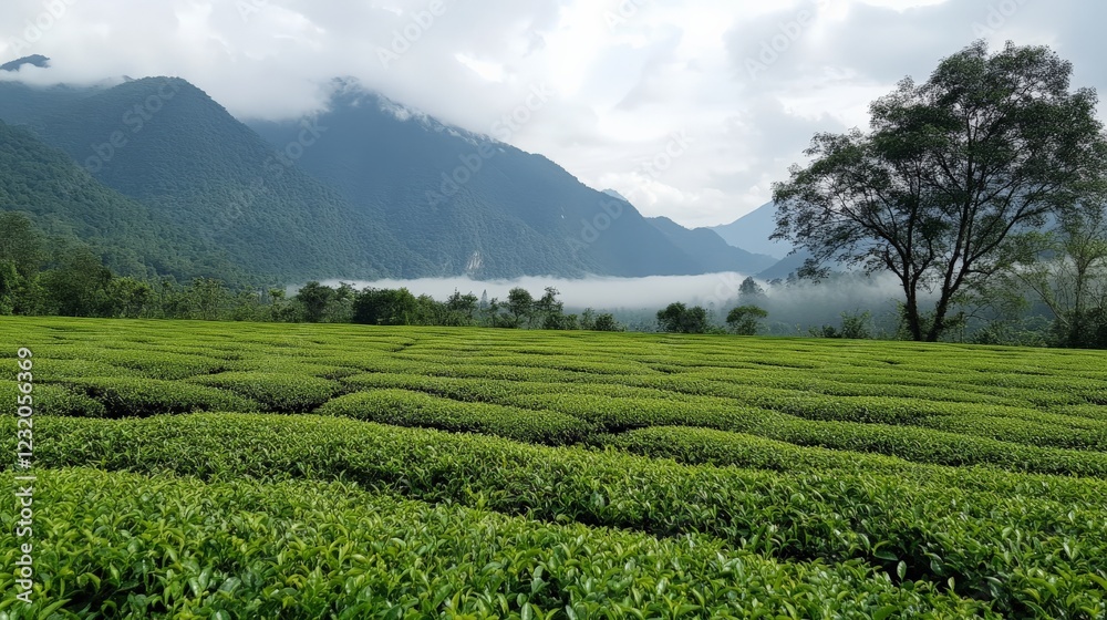 A tea plantation with misty mountains in the background A tea plantation with misty mountains in the background