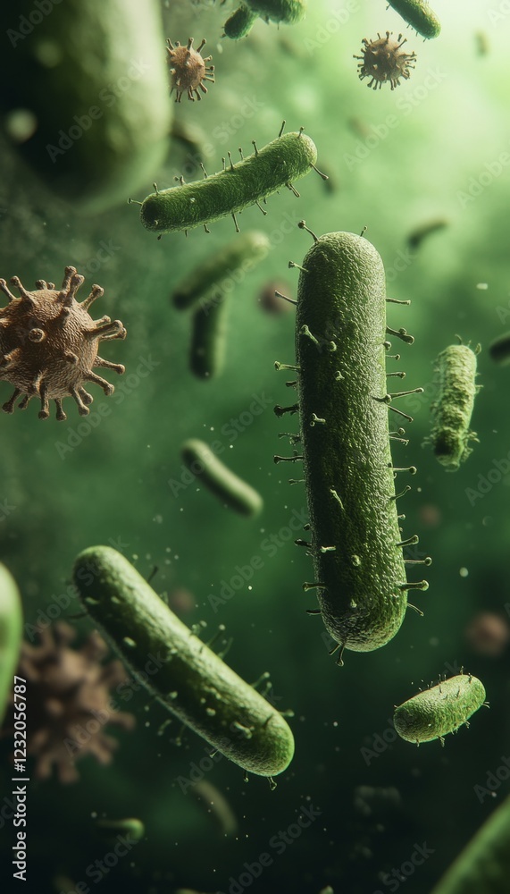 Naklejka premium Bacteria And Viruses, Healthcare And Medical Background. Microscopic Organism, 3D Illustration.