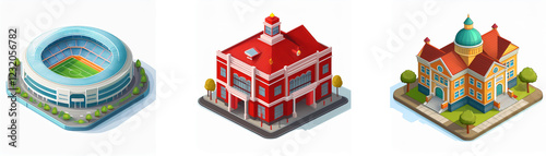 Isometric view of a stadium, school, and town hall.  Illustrative models showing public buildings. photo