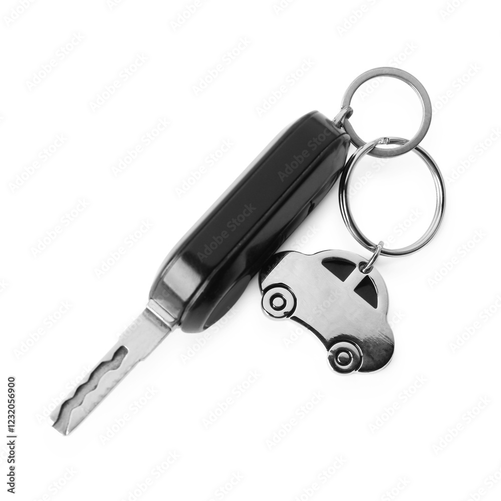Car key with keychain isolated on white, top view. Buying auto Car key with keychain isolated on white, top view. Buying auto