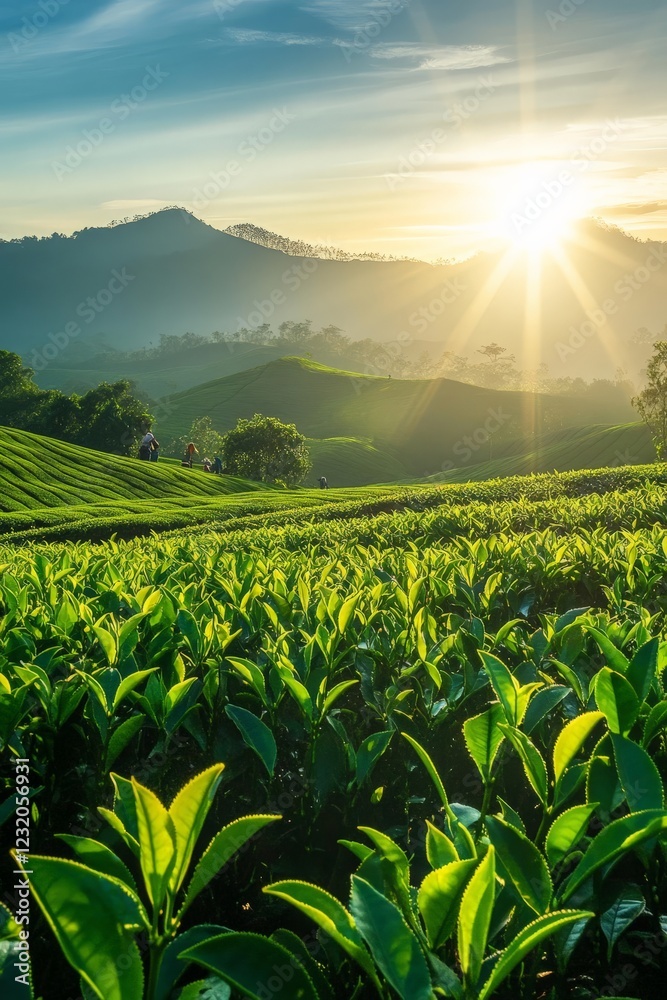 Fototapeta premium A tea plantation with workers picking tea leaves under the sun