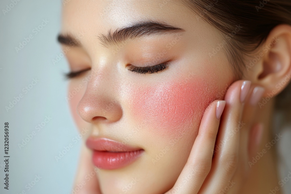 Asian young woman looking face skin in the mirror have a red rash on her face from cosmetic allergy Asian young woman looking face skin in the mirror have a red rash on her face from cosmetic allergy
