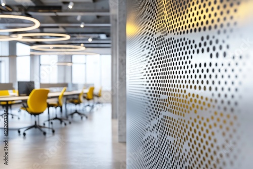 Modern office interior with yellow chairs and perforated metal wall.