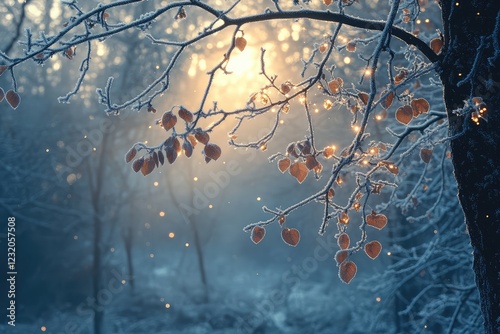 Glistening frost on tree branches in a secluded hunting ground, sparkling in the first light of dawn.