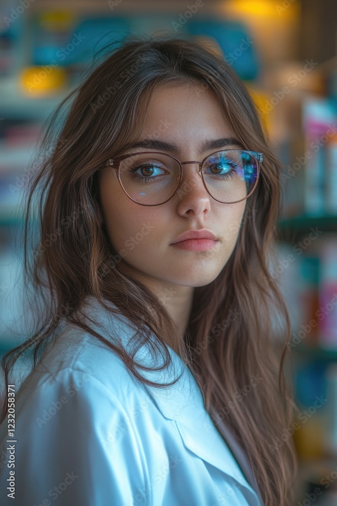 Woman with glasses near bookshelf Woman with glasses near bookshelf
