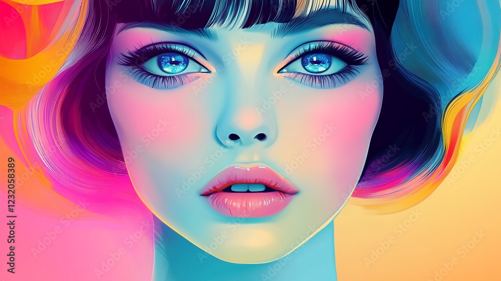 Obraz premium A digital illustration of two women's faces, showcasing their eyes and lips.