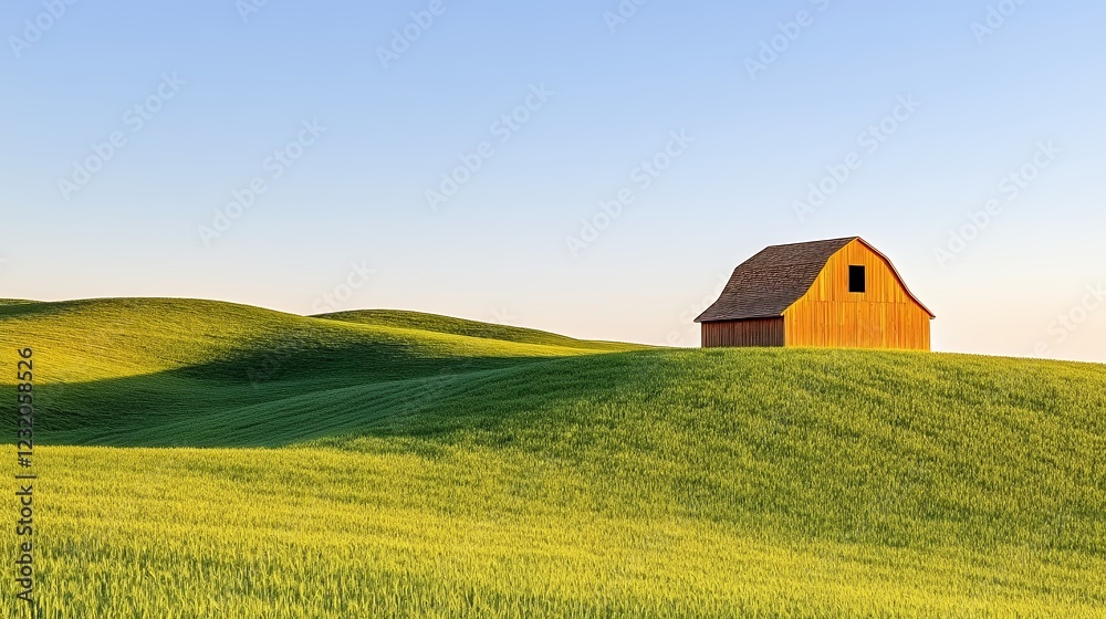 Obraz premium Solitary Barn on Rolling Hills at Sunset in a Vibrant Field