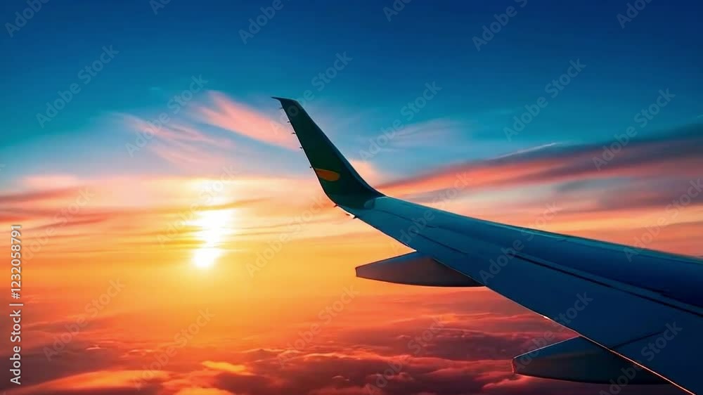 View through airplane window during flight at sunset, slow motion video