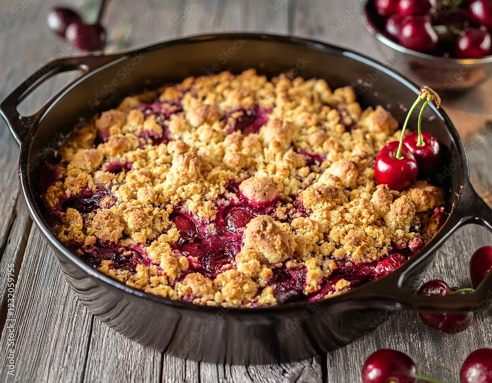 foodfotografie eines veganen kirsch crumbles in einer gusseisernen form foodfotografie eines veganen kirsch crumbles in einer gusseisernen form