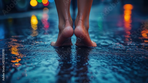 Barefoot in the rain on a vibrant city street, capturing fleeting moments photo