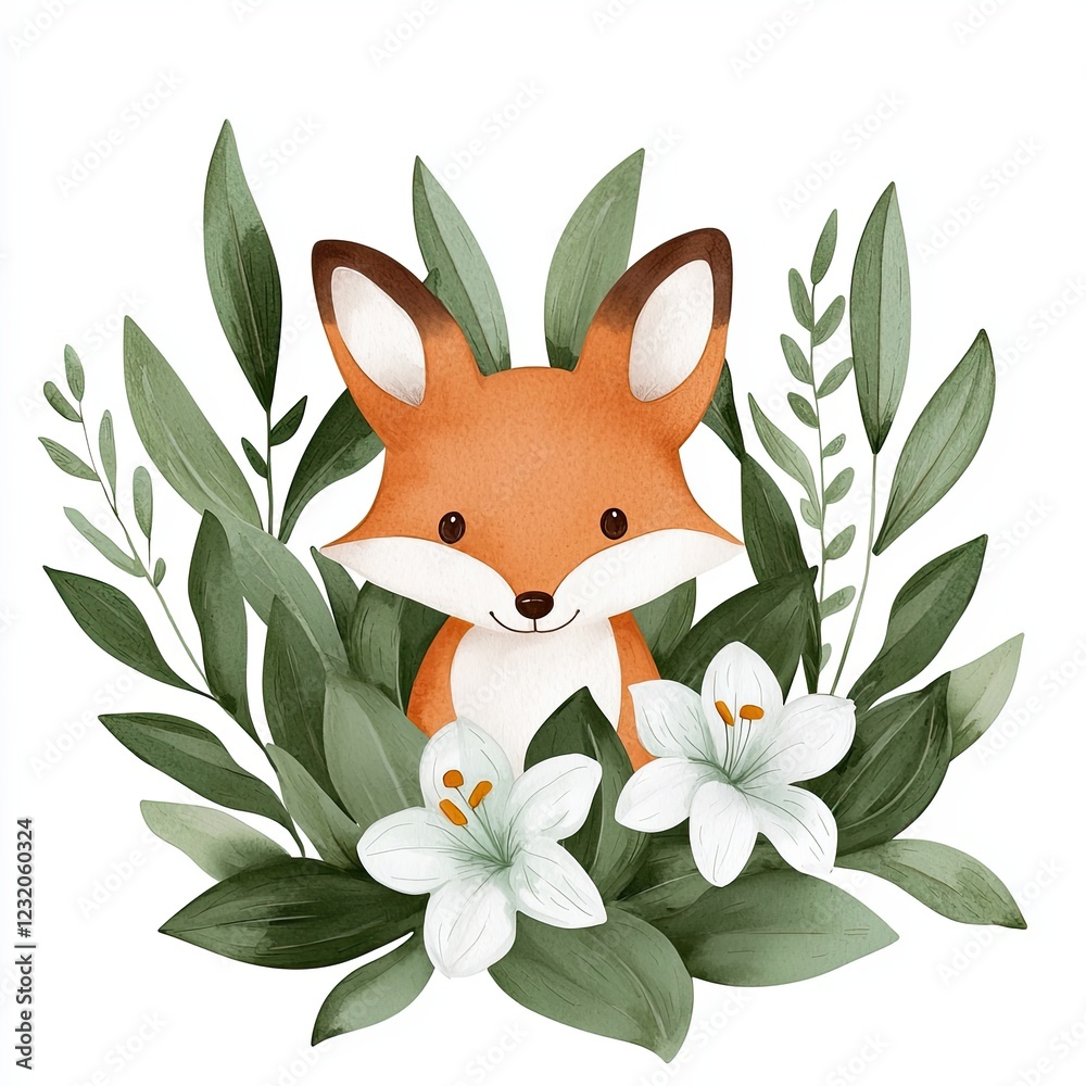 A baby fox peeks from a patch of grass and flower. A baby fox peeks from a patch of grass and flower.