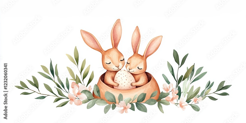 Obraz premium Two baby kangaroos with bunny ears holding Easter egg. Cute animal in Easter day.