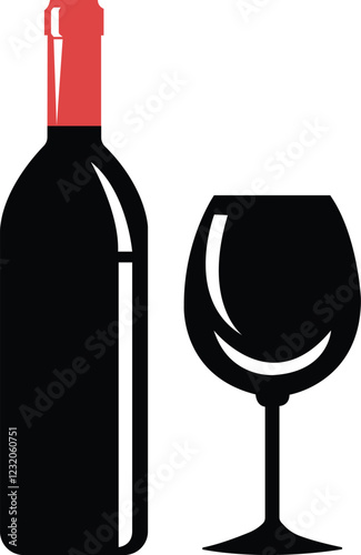 Wine bottle and glass icon set.Shape of traditional glass bottle of still wine.Wine making illustration sign collection.Wine bottle and glass vector graphic as alcohol drink Wine house symbol or logo.