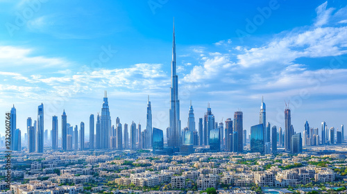 Urban cityscape panoramic banner vector cartoon illustration with buildings, city skyline with skyscraper and tower architecture, megapolis landscape, town scenic background with blue sky
