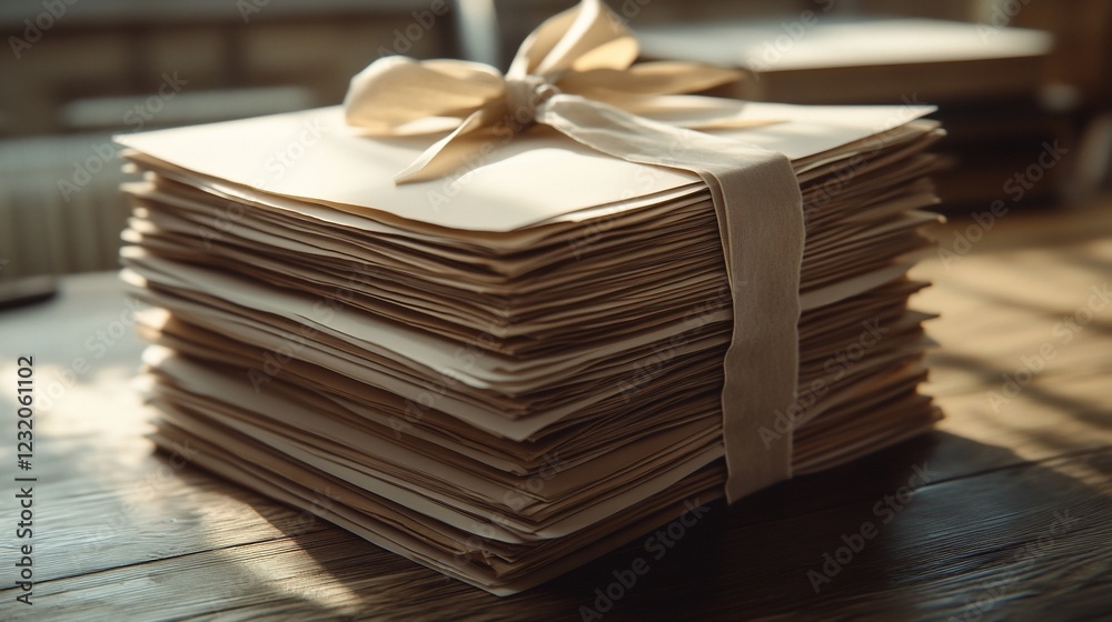 Obraz premium Stacked papers tied with ribbon on wooden table, sunlight